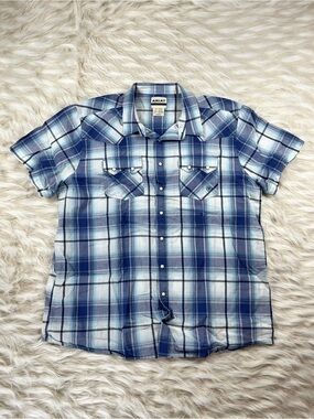 Ariat Retro Fit Pearl Snap Shirt Short Sleeve Men's XXL Blue Plaid